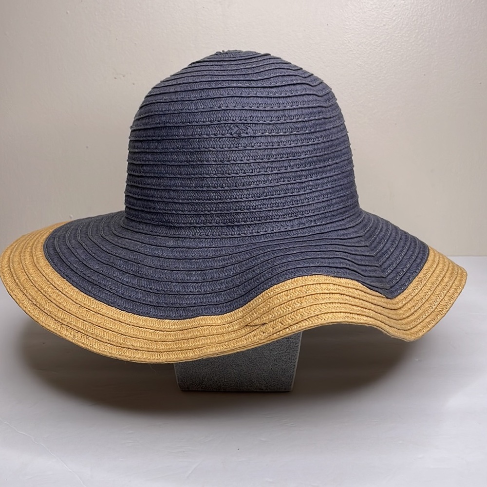 Straw Hat Blue & Tan Wide Brim Coastal Grandma Sun Beach - Picture 7 of 7